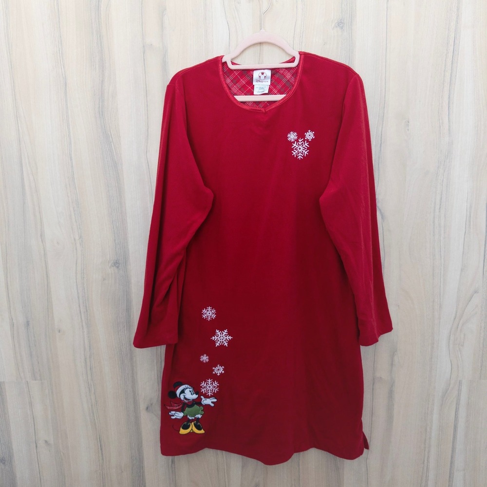 Vintage Disney Womens Fleece Nightgown L Red Minnie Mouse Snowflake Holiday Cozy - Picture 1 of 7